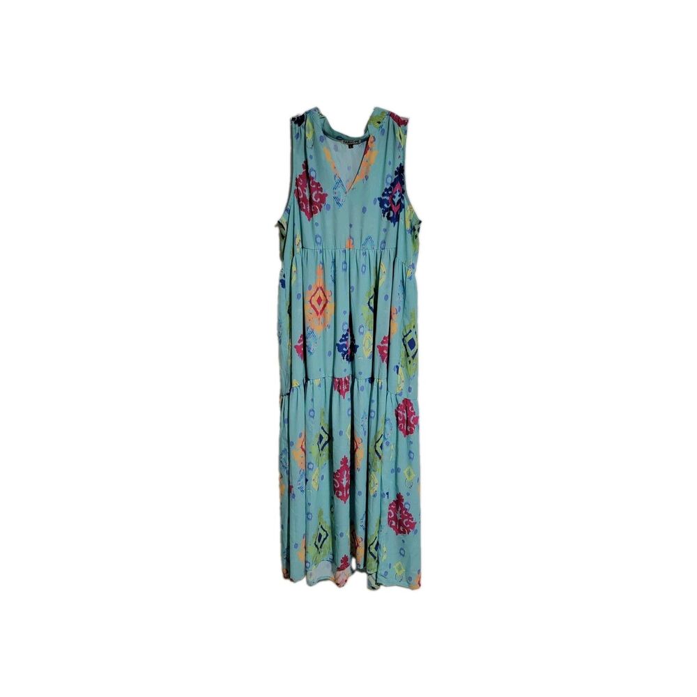 Fairhope Women L Aqua Blue Multicolor Print Tiered Maxi Dress Sleeveless Boho